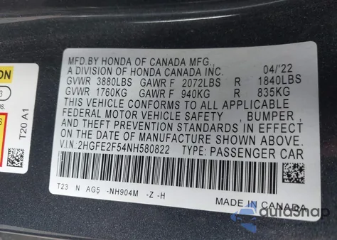 2022 Honda Civic Sport from USA, damaged, VIN 2HGFE2F54NH580822